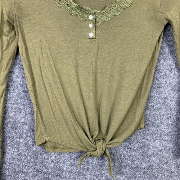 Moral Fiber Lace Neckline Tie Waist Knit Top Women Medium Olive Green Rayon - Picture 3 of 6